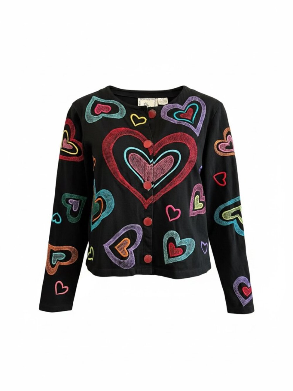 Vintage Michael Simon Heart Embroidered Black Cotton Cardigan Small 90s y2k
